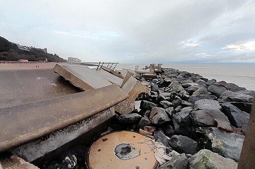 Smashed breakwater (Folkestone Seafront, damaged by Storm Goretti 2026)