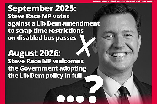 A graphic describing Steve Race MP's voting record on disability bus passes, with large text at the bottom saying "We deserve better than an MP who just follows his party line."